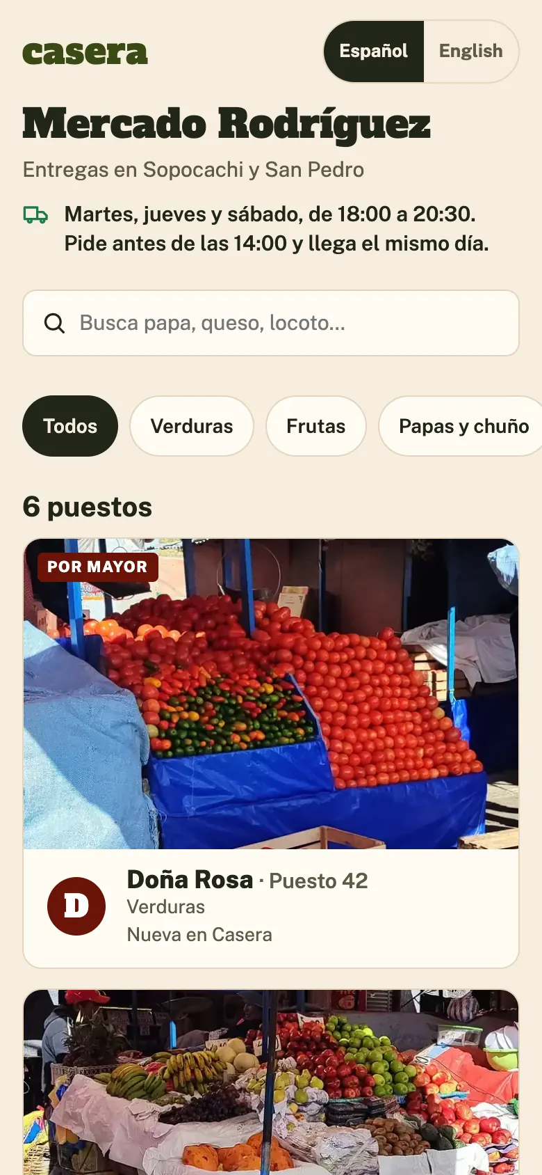 La página de inicio: los puestos del Mercado Rodríguez por categoría