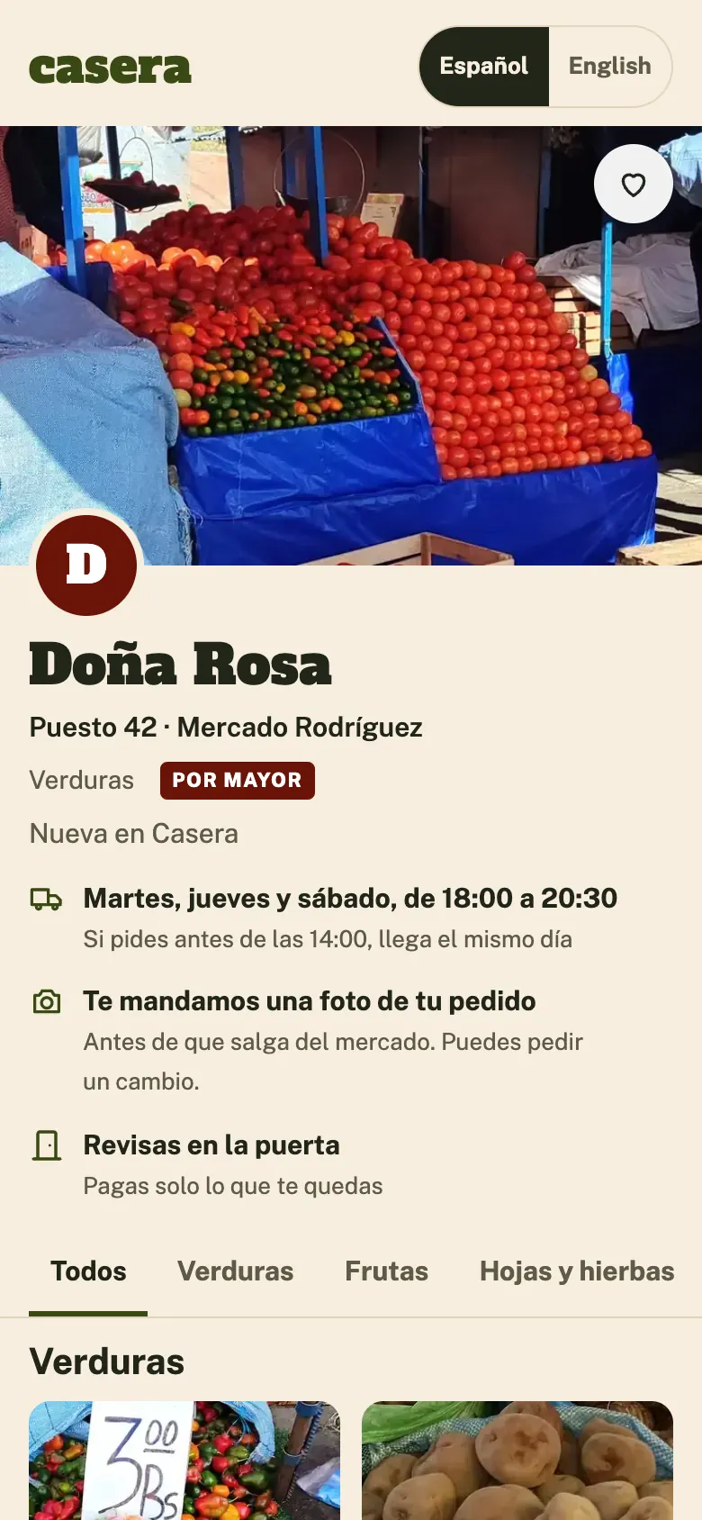 La página del puesto de Doña Rosa, un puesto de ejemplo